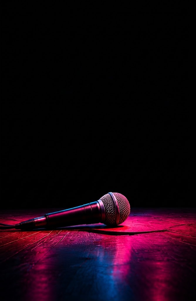 Un microfono su un palco buio, illuminato di rosa